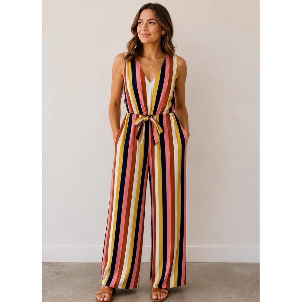 As U Wish Womens Striped Wide Leg Jumpsuit V-Neck Sleeveless Multi-Color Size M